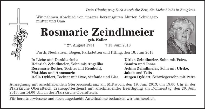 Traueranzeige Rosmarie Zeindlmeier