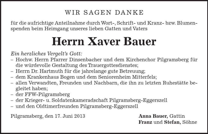 Traueranzeige Xaver Bauer