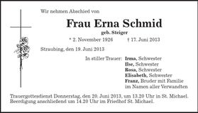 Traueranzeige Erna Schmid