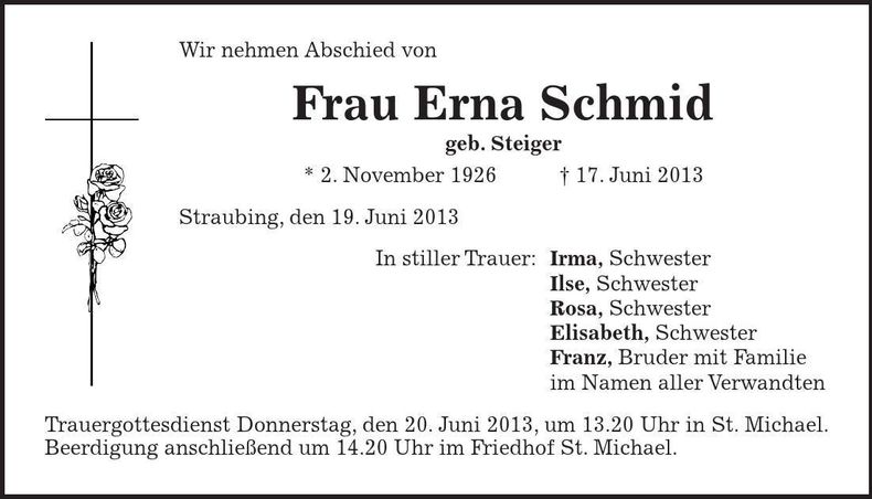 Traueranzeige Erna Schmid