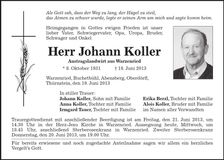 Traueranzeige Johann Koller