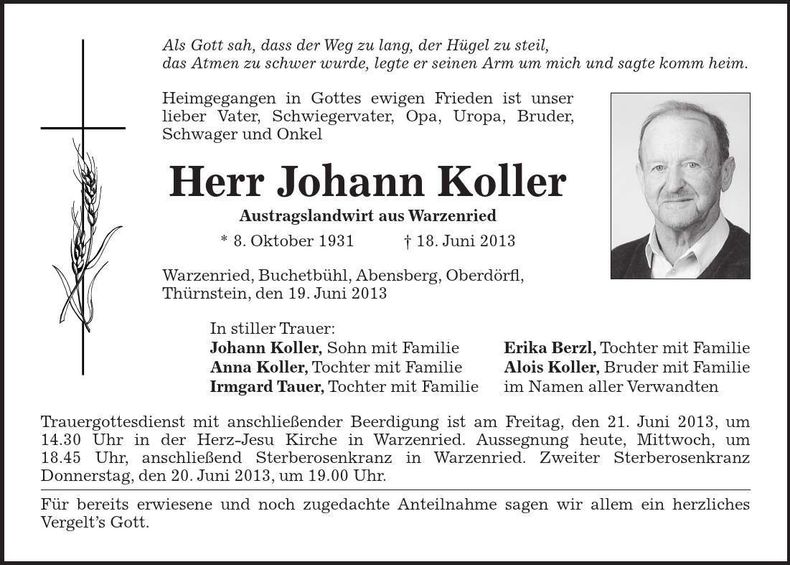 Traueranzeige Johann Koller