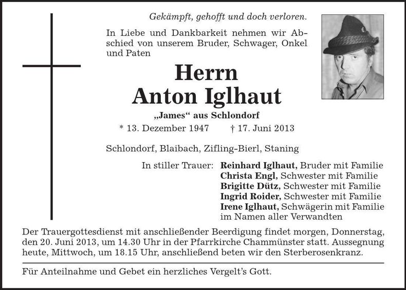 Traueranzeige Anton Iglhaut