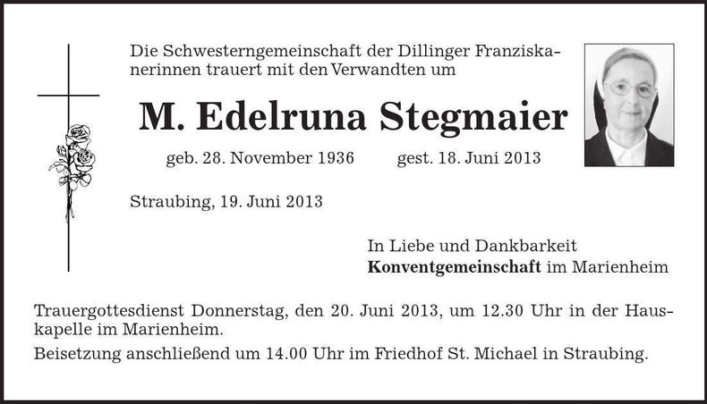 Traueranzeige M. Edelruna Stegmaier