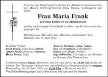 Traueranzeige Maria Frank