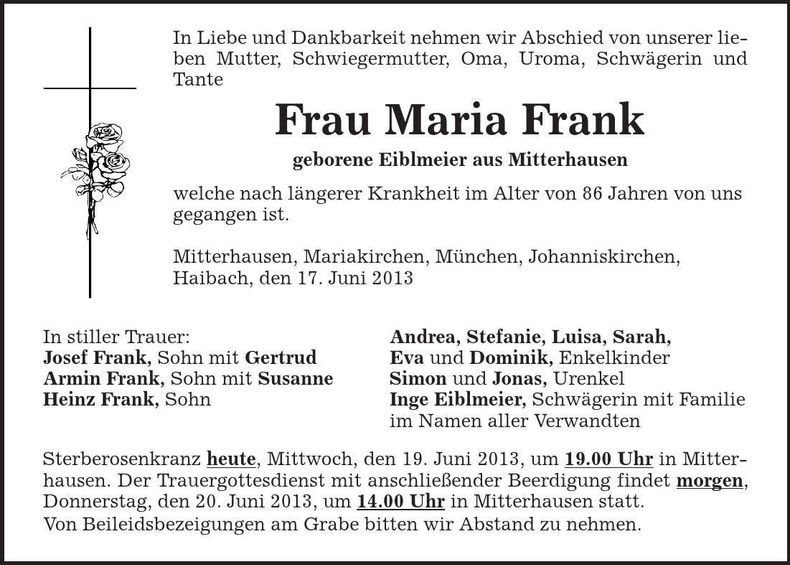 Traueranzeige Maria Frank