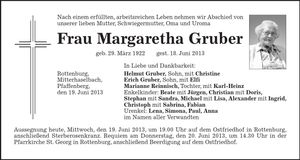 Traueranzeige Margaretha Gruber
