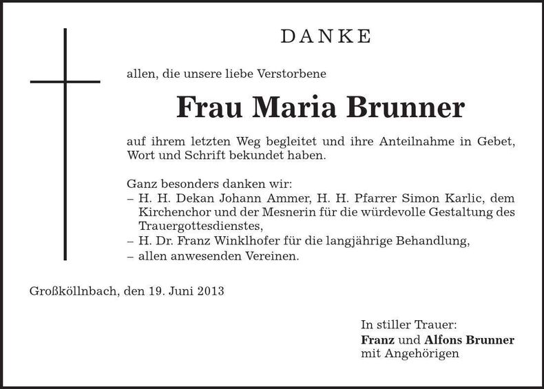 Traueranzeige Maria Brunner