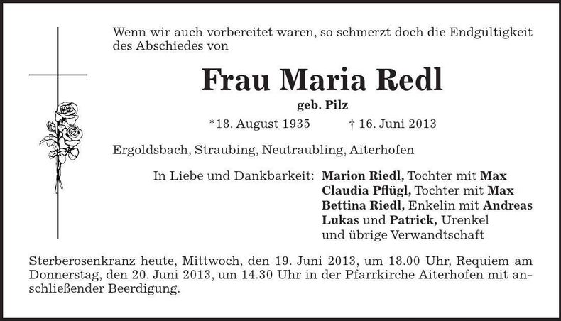 Traueranzeige Maria Redl