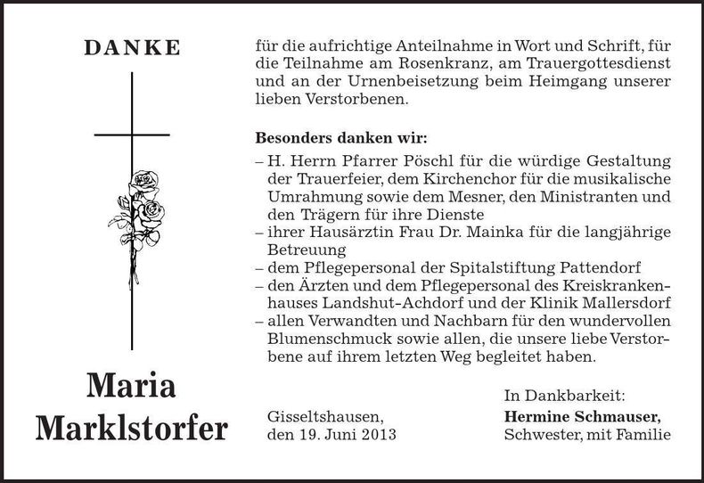 Traueranzeige Maria Marklstorfer