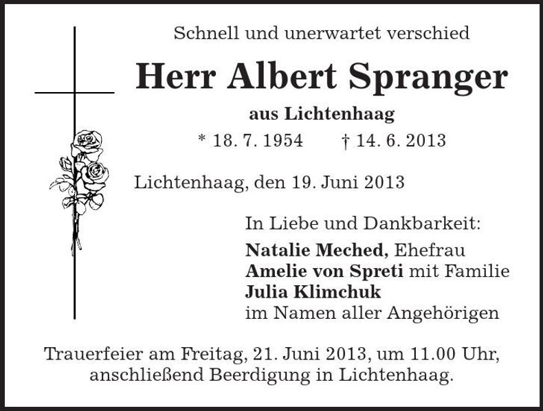 Traueranzeige Albert Spranger