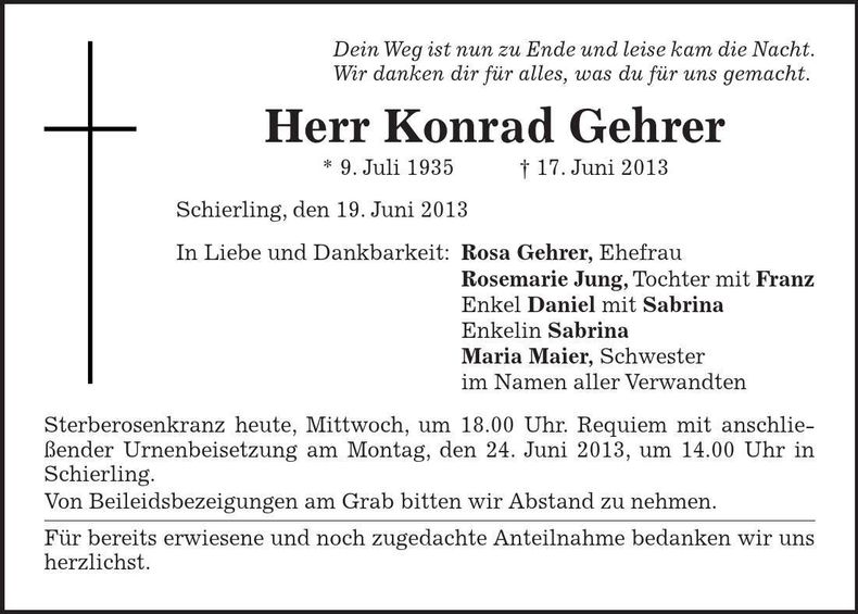 Traueranzeige Konrad Gehrer