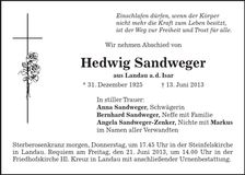 Traueranzeige Hedwig Sandweger