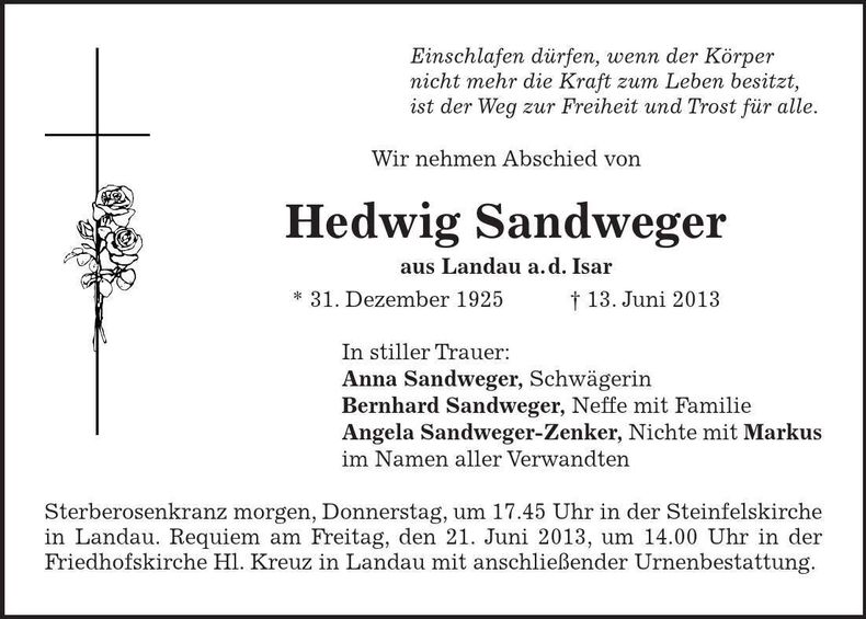 Traueranzeige Hedwig Sandweger