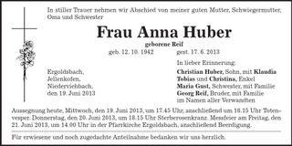 Traueranzeige Anna Huber