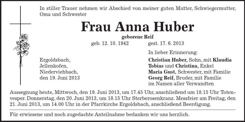 Traueranzeige Anna Huber