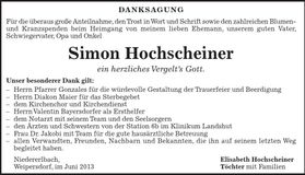 Traueranzeige Simon Hochscheiner