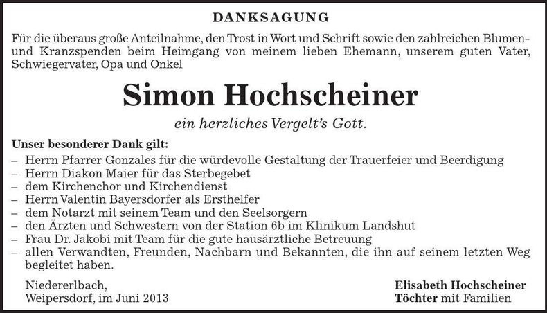Traueranzeige Simon Hochscheiner