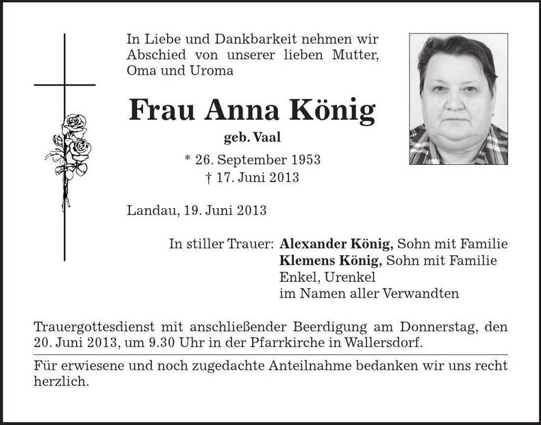 Traueranzeige Anna König