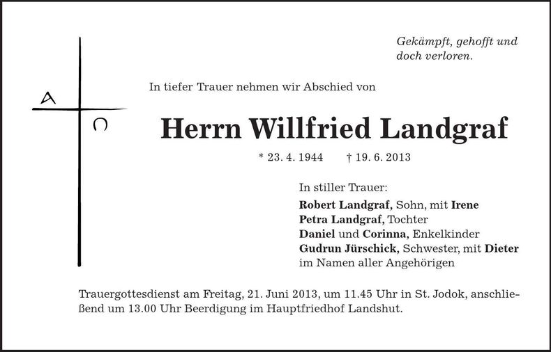 Traueranzeige Willfried Landgraf