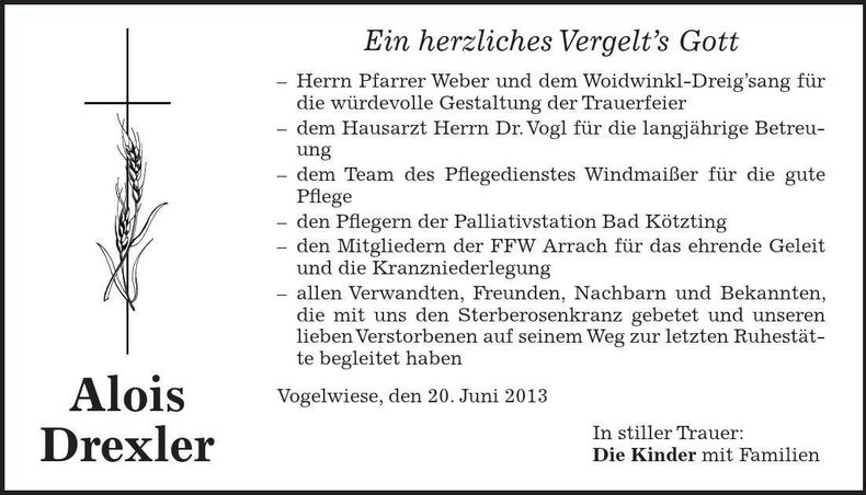 Traueranzeige Alois Drexler