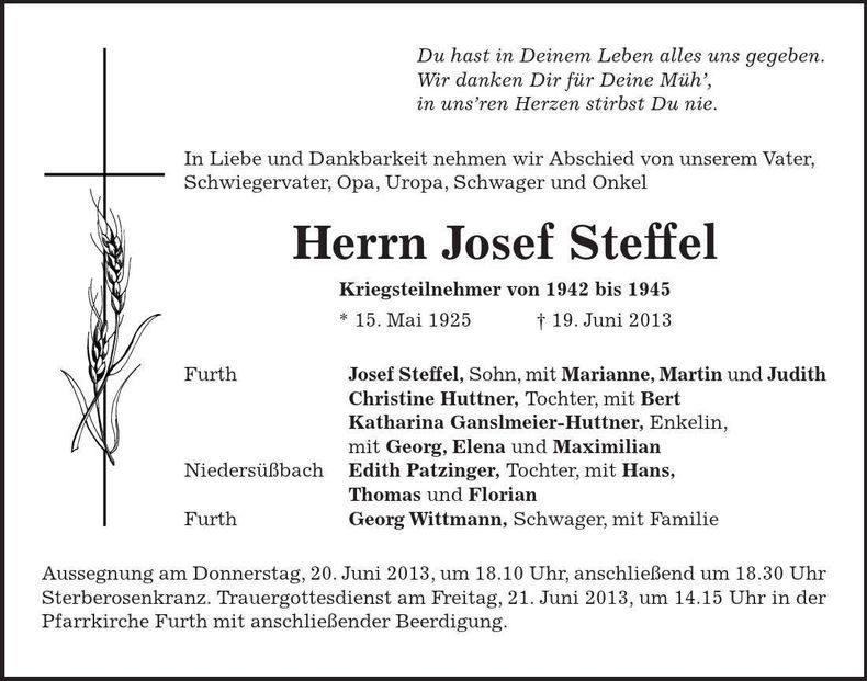 Traueranzeige Josef Steffel