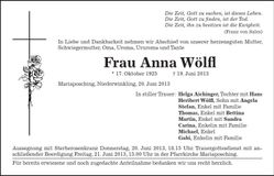 Traueranzeige Anna Wölfl