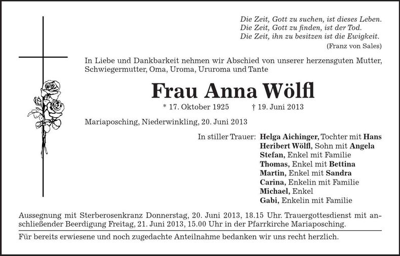 Traueranzeige Anna Wölfl
