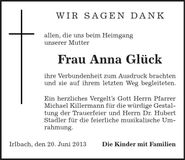 Traueranzeige Anna Glück