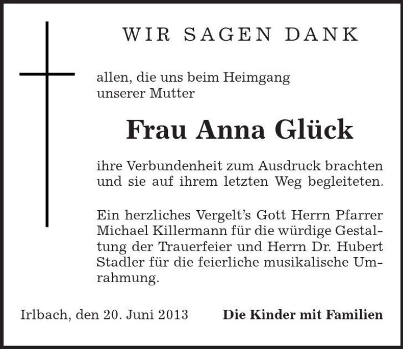 Traueranzeige Anna Glück