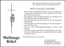 Traueranzeige Walburga Röhrl