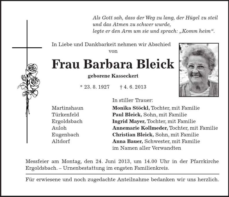 Traueranzeige Barbara Bleick