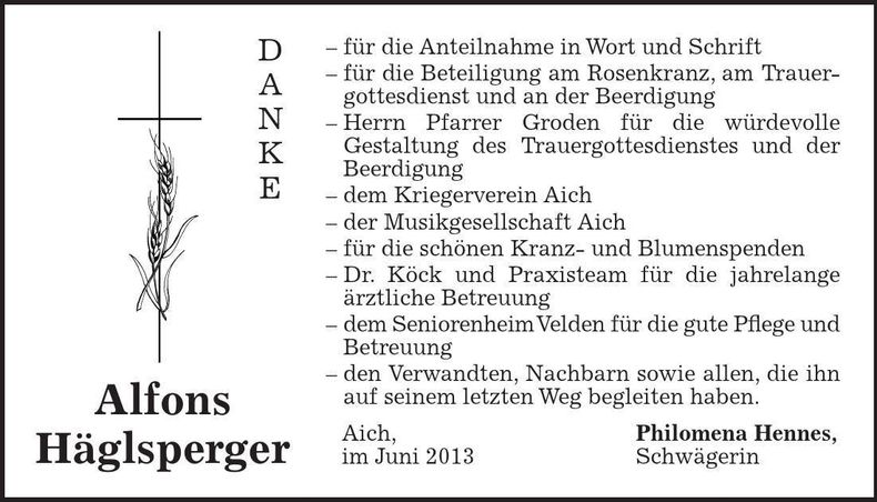 Traueranzeige Alfons Häglsperger