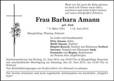 Traueranzeige Barbara Amann