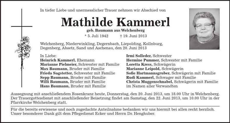 Traueranzeige Mathilde Kammerl