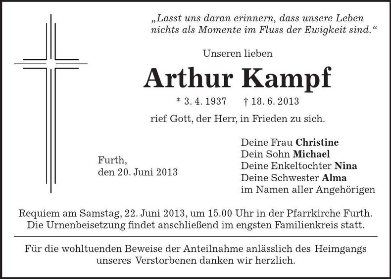 Traueranzeige Arthur Kampf