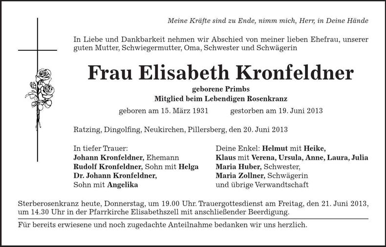 Traueranzeige Elisabeth Kronfeldner