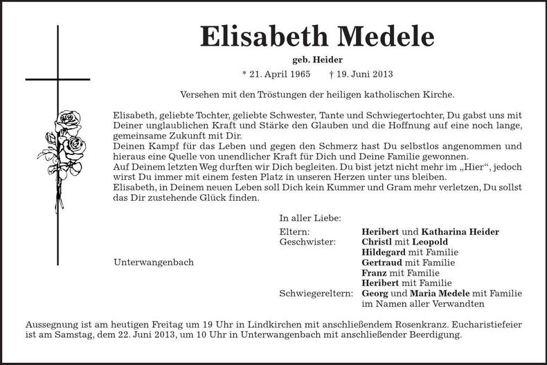 Traueranzeige Elisabeth Medele