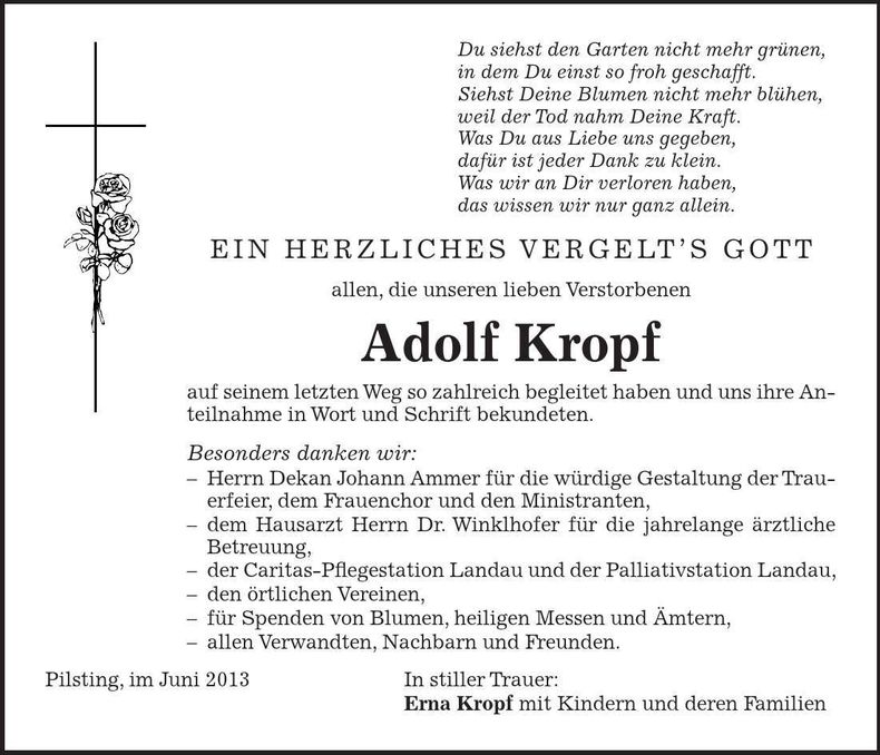 Traueranzeige Adolf Kropf