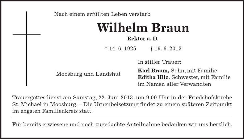 Traueranzeige Wilhelm Braun