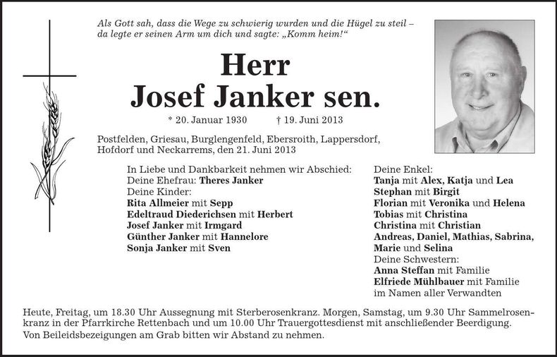 Traueranzeige Josef Janker senior