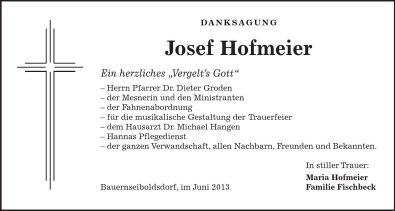 Traueranzeige Josef Hofmeier