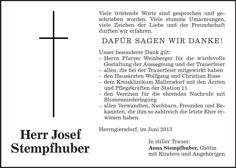 Traueranzeige Josef Stempfhuber