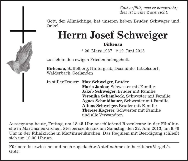 Traueranzeige Josef Schweiger