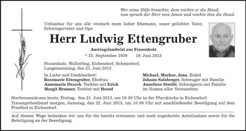 Traueranzeige Ludwig Ettengruber