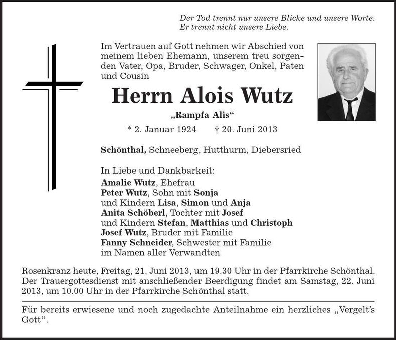 Traueranzeige Alois Wutz
