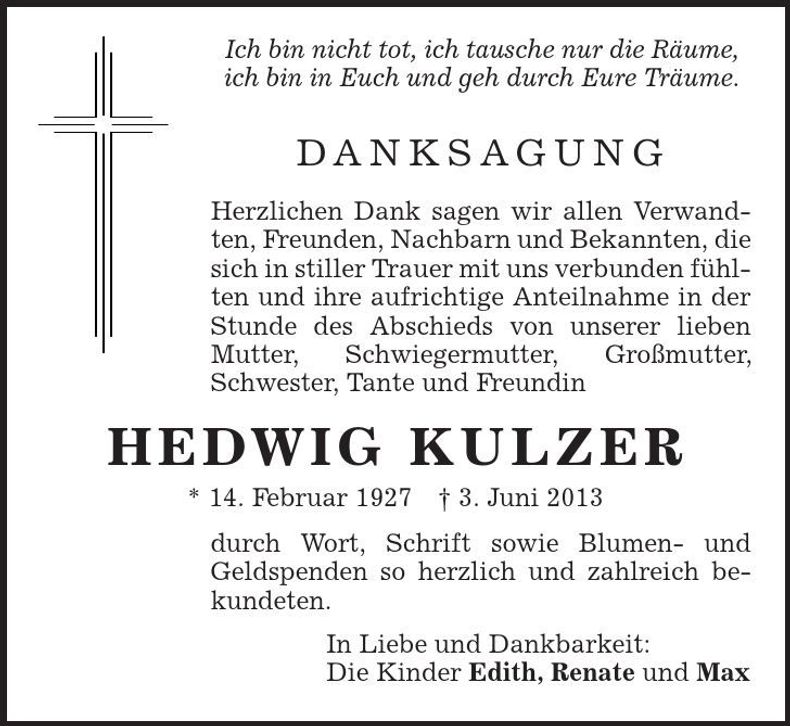 Traueranzeige Hedwig Kulzer