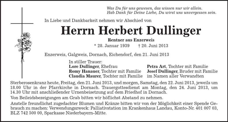 Traueranzeige Herbert Dullinger