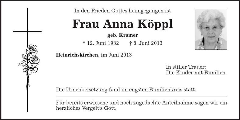 Traueranzeige Anna Köppl