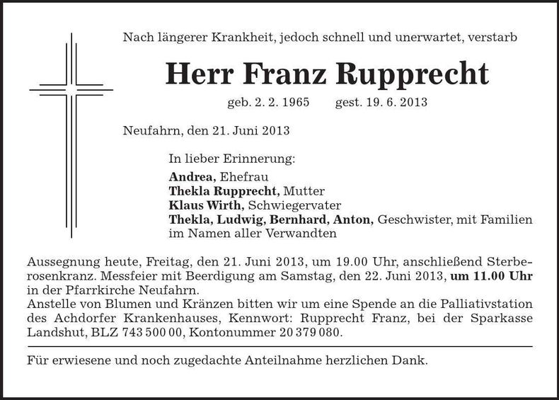 Traueranzeige Franz Rupprecht